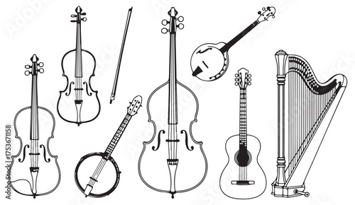 Vector art collection of acoustic string instruments such as violin, guitar, banjo, harp, and double bass for music and orchestra illustrations