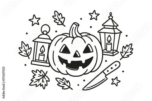 Pumpkin Carving Doodle. Pumpkin carving doodle with knife, lanterns, stars and autumn leaves isolated transparent background
