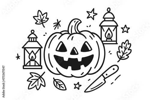 Pumpkin Carving Doodle. Pumpkin carving doodle with knife, lanterns, stars and autumn leaves isolated transparent background