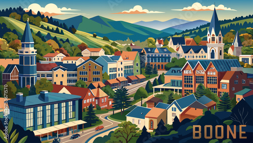 Very beautiful aerial view of Boone, North Carolina, USA, an old historical town in the Blue Ridge Mountains, featuring charming historic American architecture, winding streets, and scenic mountain su