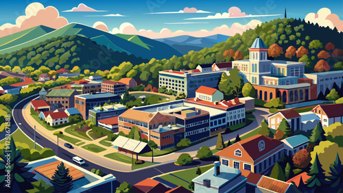 Very beautiful aerial view of Boone, North Carolina, USA, an old historical town in the Blue Ridge Mountains, featuring charming historic American architecture, winding streets, and scenic mountain 