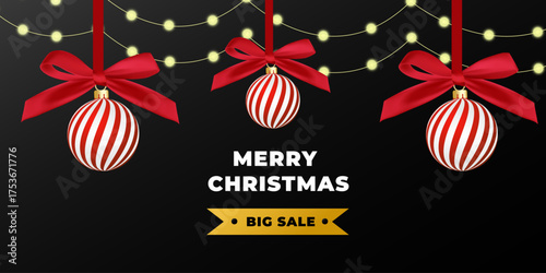 Christmas and New Year sale banner. Background Xmas design of present box with golden snowflakes for winter holiday offer, discount. Vector. Top view