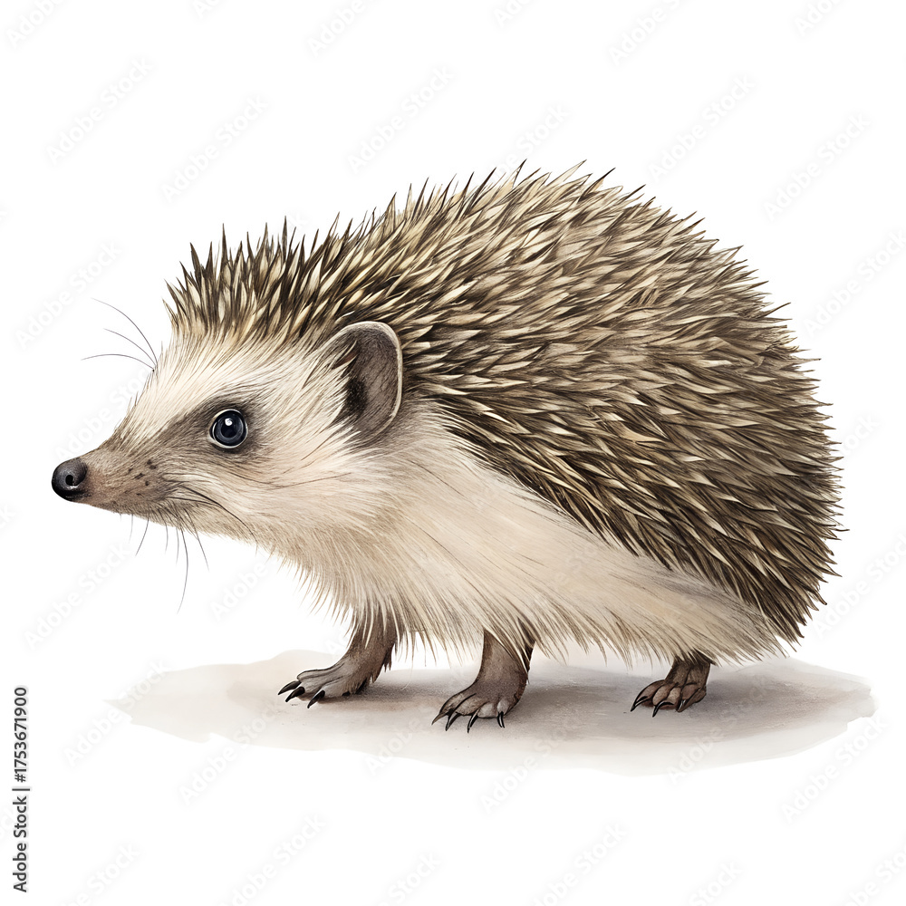 Naklejka premium A detailed illustration of a hedgehog with spiky fur and small feet. The animal is depicted on a white surface against a black background.