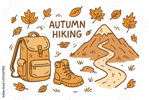 Autumn Hiking Adventure. Autumn hiking doodle with backpack, boots, leaves and mountain trail isolated transparent background