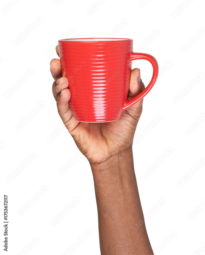 Obraz premium Hand holding a red cup isolated on white or transparent background