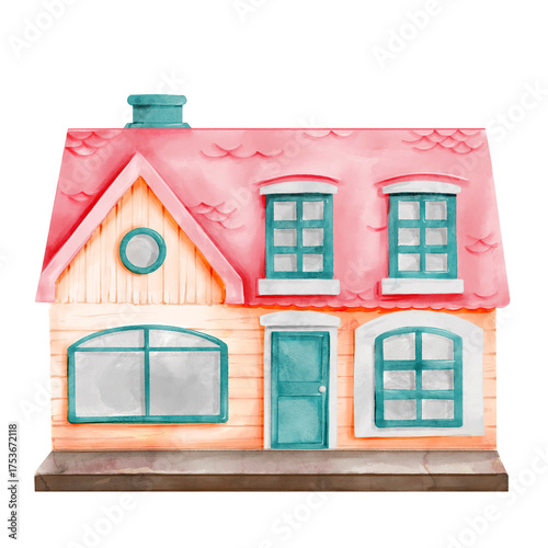 A miniature beige plastic dollhouse with a pink roof, multiple large windows, a blue door, and a chimney. Hand-drawn watercolor illustration of the toy house on a white background. Facade view.