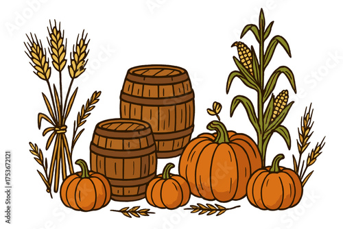 Autumn Harvest Elements. Autumn harvest doodle with barrels, corn stalks, pumpkins and wheat isolated transparent background