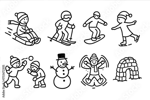 Winter Fun Icons. Snow activities doodle icon set: hand drawn icons of sledding, skiing, snowboarding, ice skating, snowball fight