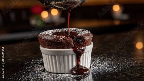 Decadent chocolate souffle with rich ganache drizzling from above