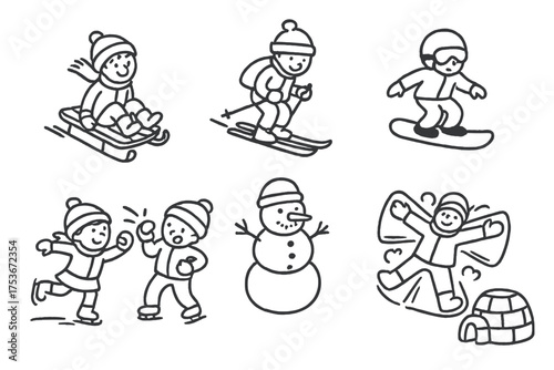 Winter Fun Icons. Snow activities doodle icon set: hand drawn icons of sledding, skiing, snowboarding, ice skating, snowball fight