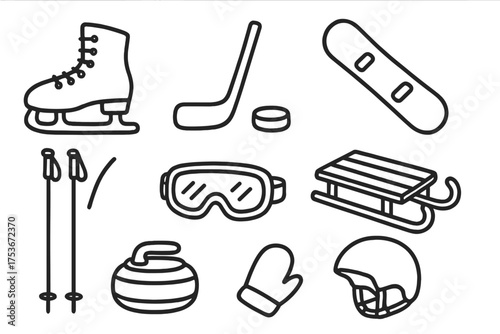 Winter Sports Doodle Icons. Winter sports doodle icon set: hand drawn icons of ice skates, hockey stick, puck, snowboard, ski