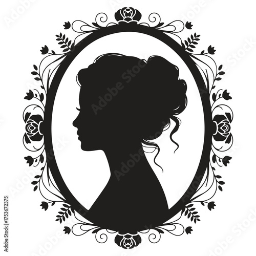 Elegant woman silhouette in ornate oval frame silhouette