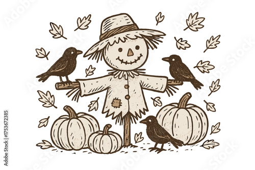 Autumn Scarecrow Doodle. Autumn scarecrow doodle with straw hat, pumpkins, crows and leaves isolated transparent background