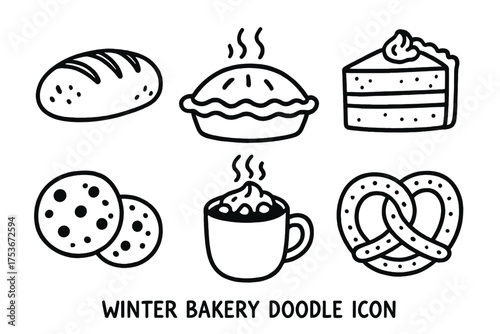 Winter Bakery Icons. Winter bakery doodle icon set: hand drawn icons of bread loaf, pie, cake, cookies, hot cocoa, and pretzel.