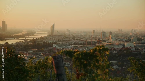 Panoramic view of Vienna at sunrise from vineyards. The Danube river lies in light morning mist, golden hues illuminate the city and hills, creating serene and atmospheric scenery.