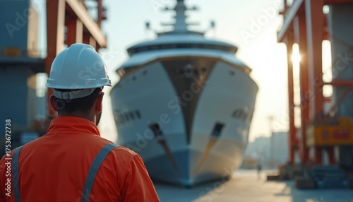Man in hard hat, orange uniform observes large yacht at shipyard. Luxury boat is under construction or repair in port. Worker inspects vessel work in sunny dock area during day. Big ship industry.