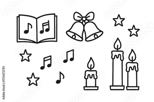 Christmas Carol Icons. Christmas carol doodle icon set: hand drawn icons of choir book, bells, notes, stars, and candles. isolated