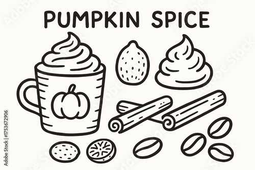 Pumpkin Spice Icon Set. Pumpkin spice doodle icon set: hand drawn icons of latte cup, whipped cream, cinnamon sticks, nutmeg, and