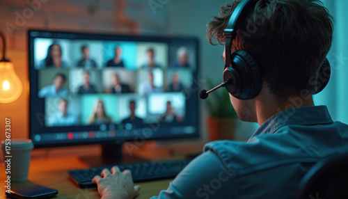 Young man wearing headset with microphone participates in online meeting on laptop. Multiple people visible on screen in video conference. Person works remotely at desk with coffee cup.