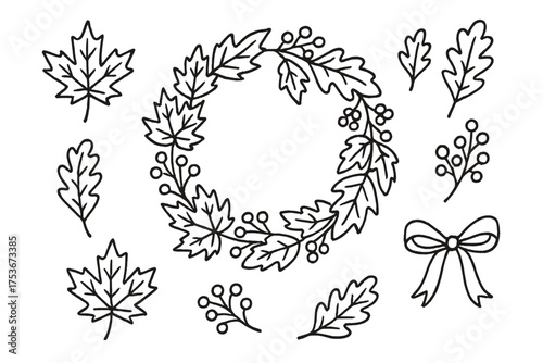 Fall Wreath Icons. Fall wreath doodle icon set: hand drawn icons of maple leaves, oak leaves, berries, and ribbon. isolated
