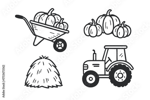 Pumpkin Harvest Doodles. Pumpkin harvest doodle icon set: hand drawn icons of wheelbarrow, pumpkins, haystack, and tractor.