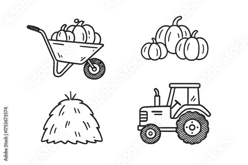 Pumpkin Harvest Doodles. Pumpkin harvest doodle icon set: hand drawn icons of wheelbarrow, pumpkins, haystack, and tractor.