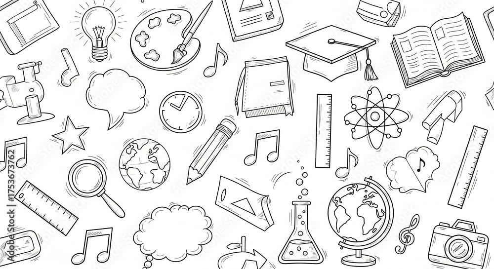 Naklejka premium Ai generated:Educational Icons Sketch Illustration Featuring School and Science Elements