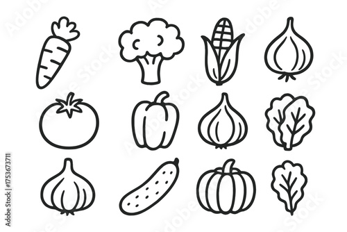 Vegetable Doodle Icons. Vegetable doodle icon set: hand drawn icons of carrot, broccoli, corn, tomato, pepper, onion, garlic,