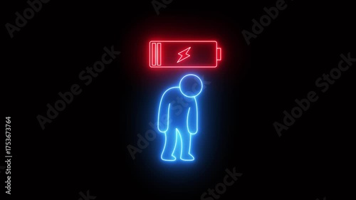 Glowing neon showing a low battery icon and a tired person appearing in the foreground, suggesting a concept of burnout and fatigue in medical professionals 4k video .