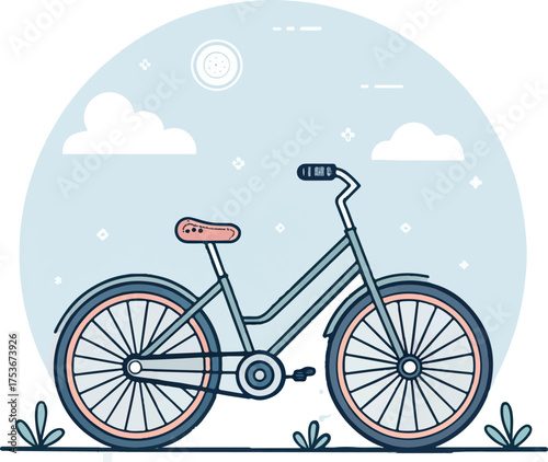 Bicycle outdoors illustration — flat vector design of bike with sky, clouds, and plants for eco lifestyle concept