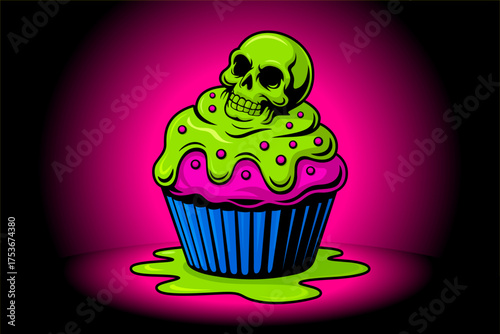 Halloween cupcake with spooky decoration. Cute Halloween cupcake with skull. Halloween festive sweet element for sticker, logo, poster, banner, card, clipart. Spooky Illustration for party celebration