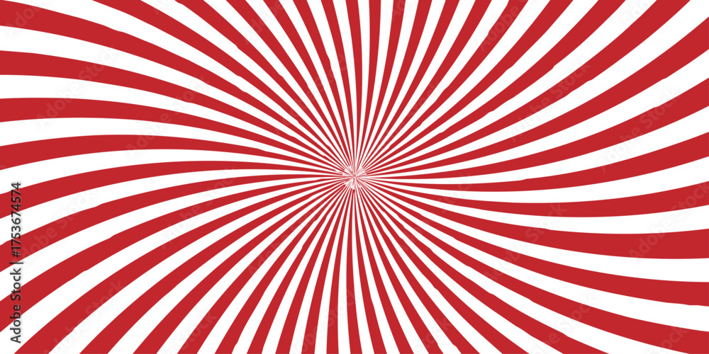 Fototapeta premium Retro red and white sunburst vector illustration featuring a vintage ray pattern and grunge texture design. sun, flag, paper, backdrop, swirl, line, lines, sunbeam