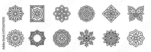 Set of Decorative Mandala and Geometric Pattern Icons - Collection of detailed mandala and geometric line art designs featuring symmetrical patterns, suitable for decoration, coloring pages, or vector