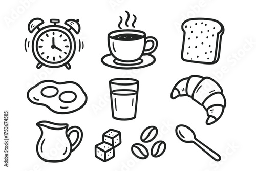 Morning Coffee Icons. Morning coffee doodle icon set: hand drawn icons of alarm clock, steaming cup, toast, eggs, juice, croissant