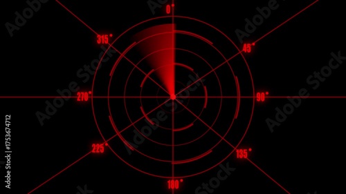 Red  Radar .Radar Display airplane, travel HUD screen navigation aid with realistic ping detailing Military ship or aircraft radar showing scan results, multiple targets detected. Radar screen showing