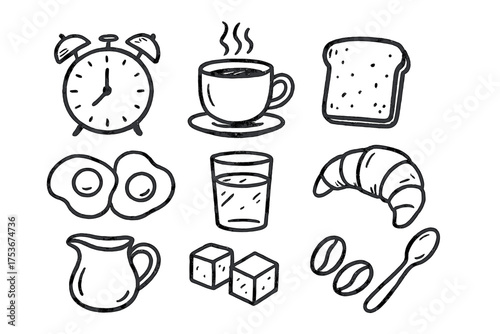 Morning Coffee Icons. Morning coffee doodle icon set: hand drawn icons of alarm clock, steaming cup, toast, eggs, juice, croissant