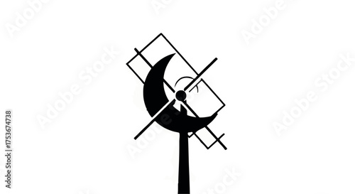 Stylized crescent moon symbol with antenna on white background