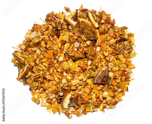 Sea buckthorn tea leaves with pieces of fruit on a white background.Sea buckthorn tea with lemon.