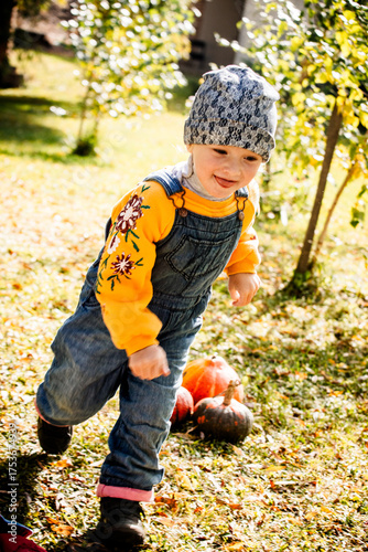 Autumn harvest moment with child and pumpkins