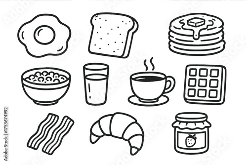 Breakfast Doodle Icons. Breakfast doodle icon set: hand drawn icons of fried egg, toast, pancakes, waffles, cereal bowl, orange