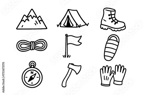 Mountain Adventure Icons. Mountain trip doodle icon set: hand drawn icons of peak, tent, boots, rope, flag, sleeping bag, compass,