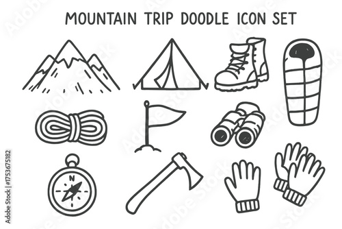 Mountain Adventure Icons. Mountain trip doodle icon set: hand drawn icons of peak, tent, boots, rope, flag, sleeping bag, compass,