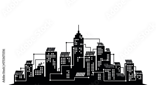 Futuristic cityscape powered by clean solar energy, connecting buildings with sustainable technology.