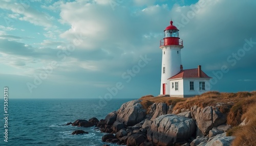 Wallpaper Mural White lighthouse stands on rocky coast. Beacon guides ships through ocean. Red top adds contrast against sky and water. Building situated near blue sea. Coastal scene features lighthouse. Torontodigital.ca