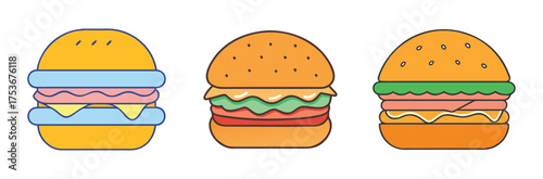 Delicious burger illustration with various toppings and colorful buns for food lovers art