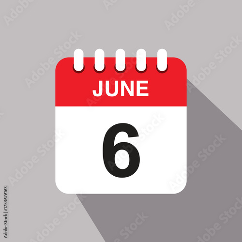 6 june calendar date icon. vector illustration with shadow design