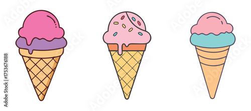 Delicious ice cream cones vector illustration with colorful scoops for summer treat design