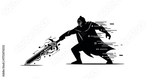 Warrior with futuristic sword striking with digital speed and power