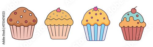 Delicious assorted cupcake vector illustration with cherry on top for bakery designs