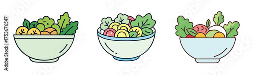 Three bowls of fresh salad illustration for healthy eating and vegetarian food concept design